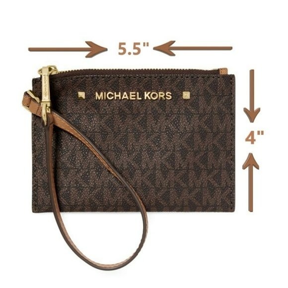 New! MICHAEL KORS MK Logo Karla Brown Wristlet With Strap Zip-Top - Picture 2 of 8